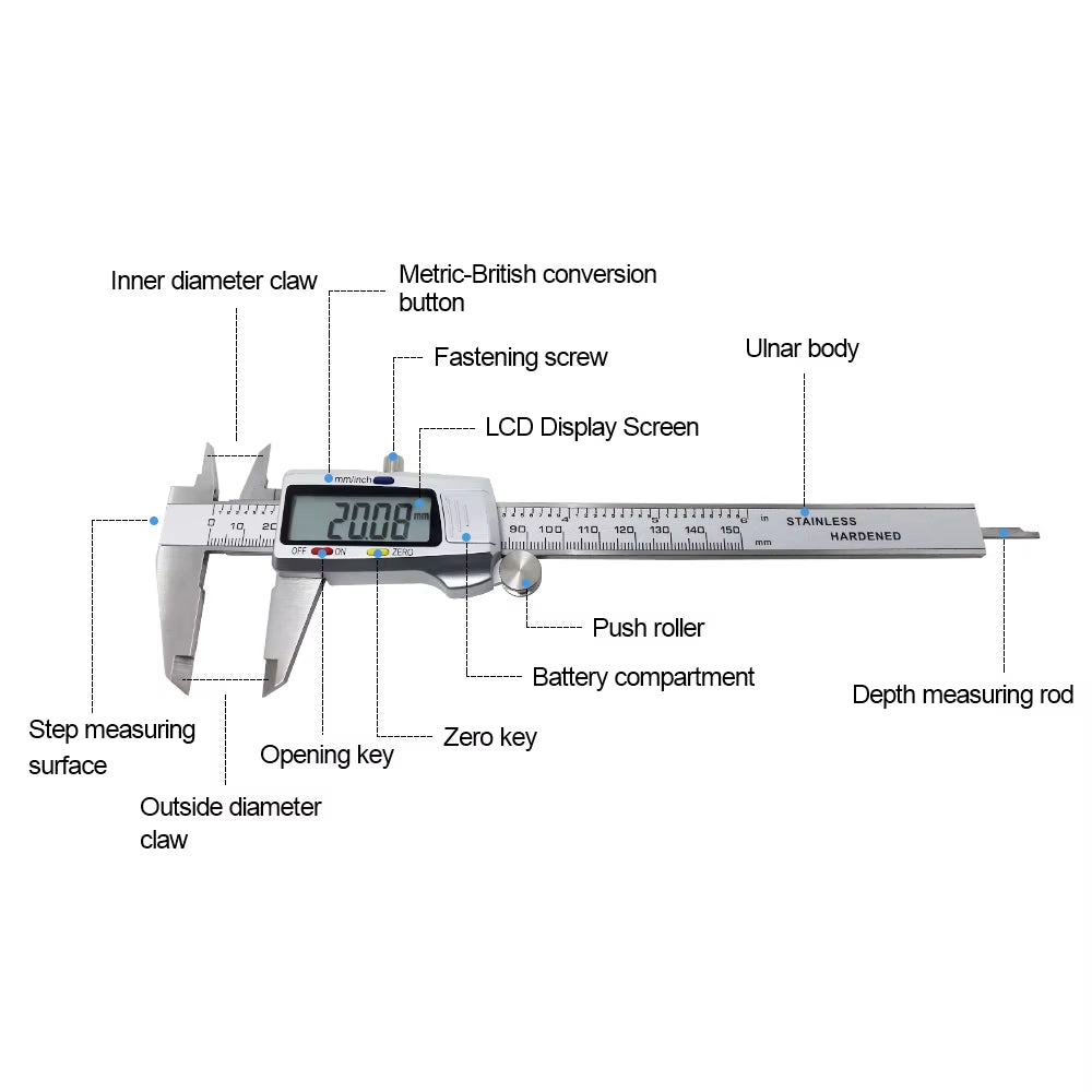 6 Inch 150Mm Digital Vernier Caliper Stainless Steel Micrometer Measuring Tool Depth Ruler Messschieber Paquimetro