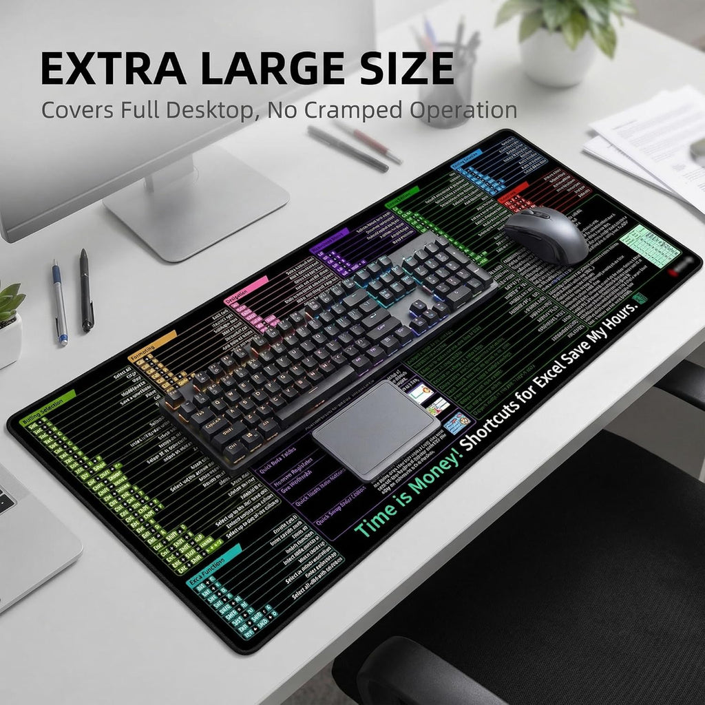 Excel Shortcut Keys Mouse Pad, Extended Large Desk Mat (31.5X11.8 Inch) with Non-Slip Base & Washable Surface for Gaming, Computer, Office Desk