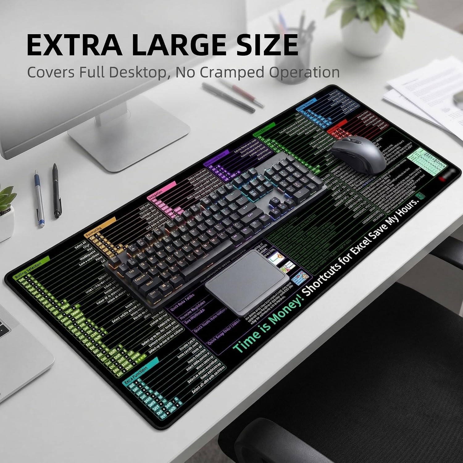 Excel Shortcut Keys Mouse Pad, Extended Large Desk Mat (31.5X11.8 Inch) with Non-Slip Base & Washable Surface for Gaming, Computer, Office Desk